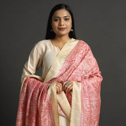 Pink - Traditional Madhubani Handpainted Tussar Silk Handloom Dupatta with Tassels 06