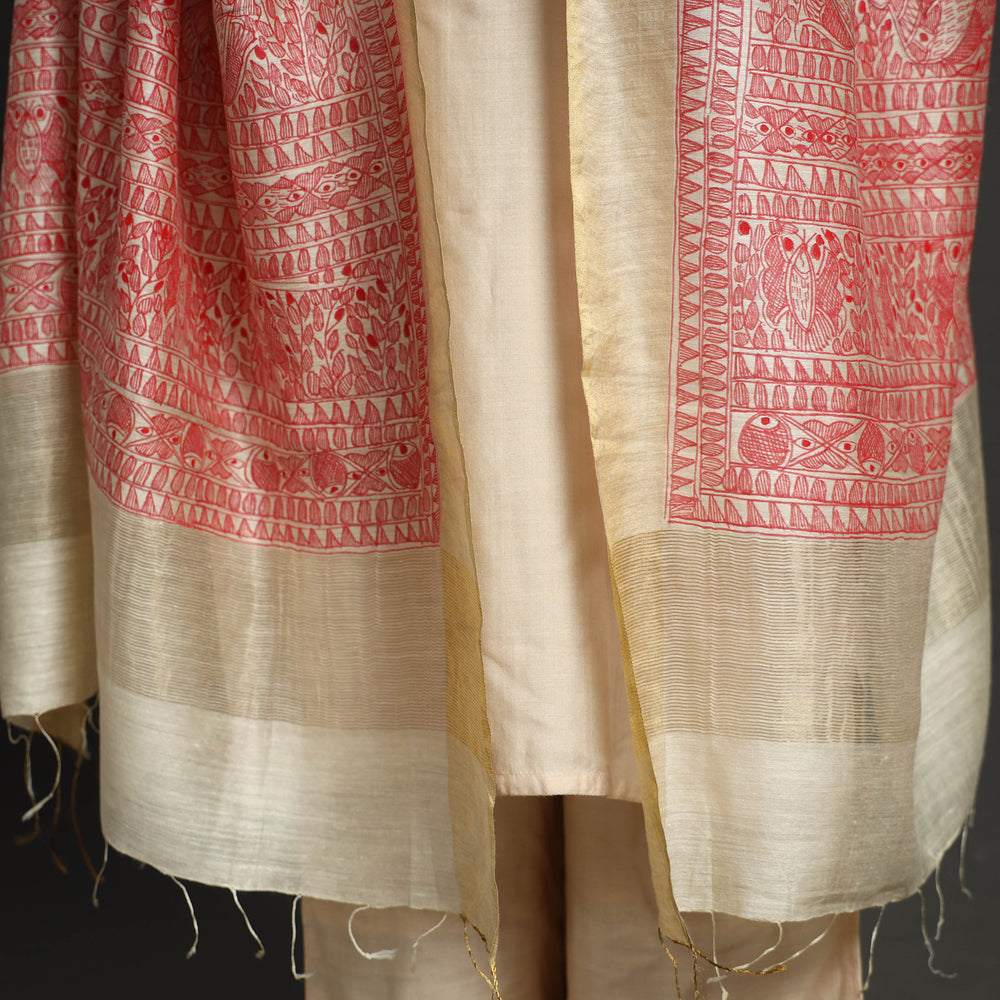 Pink - Traditional Madhubani Handpainted Tussar Silk Handloom Dupatta with Tassels 06