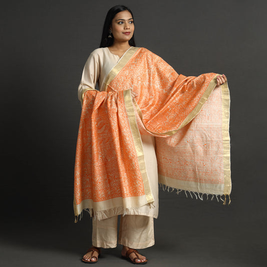 Orange - Traditional Madhubani Handpainted Silk Handloom Dupatta with Tassels 07