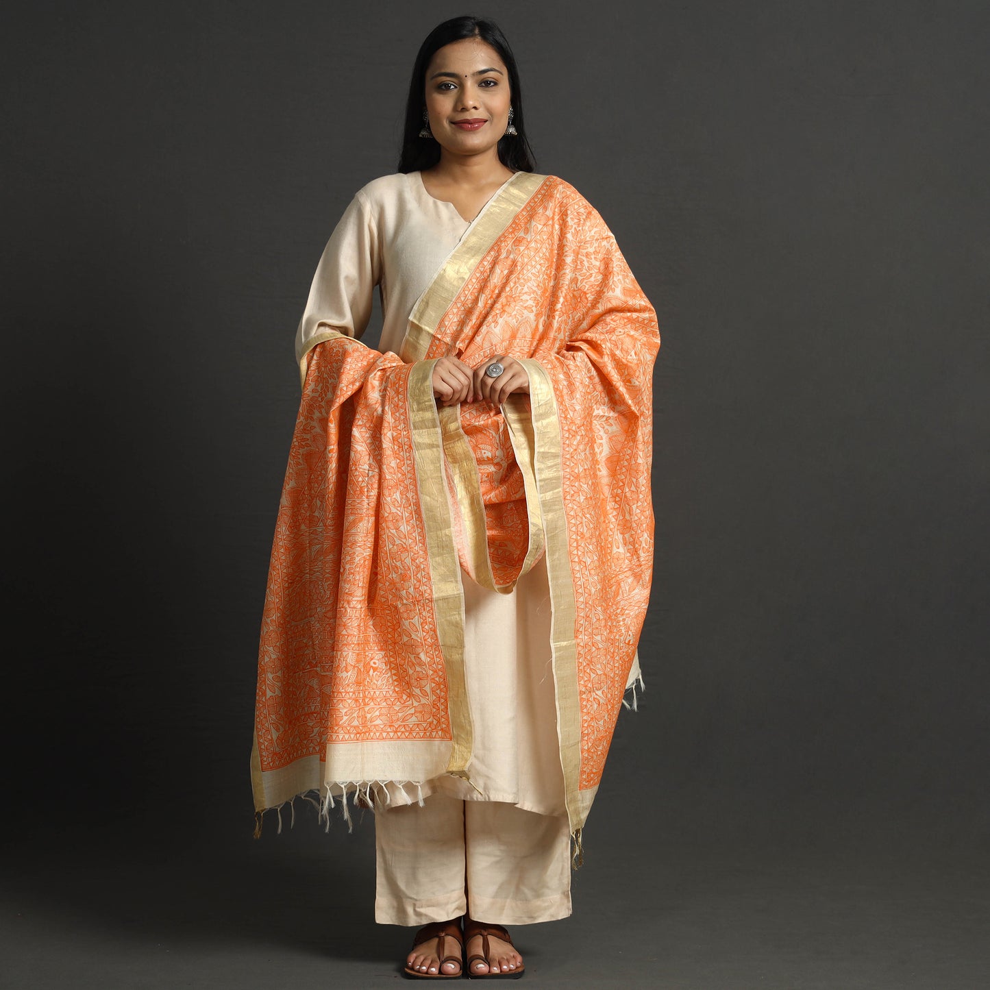 Orange - Traditional Madhubani Handpainted Silk Handloom Dupatta with Tassels 07