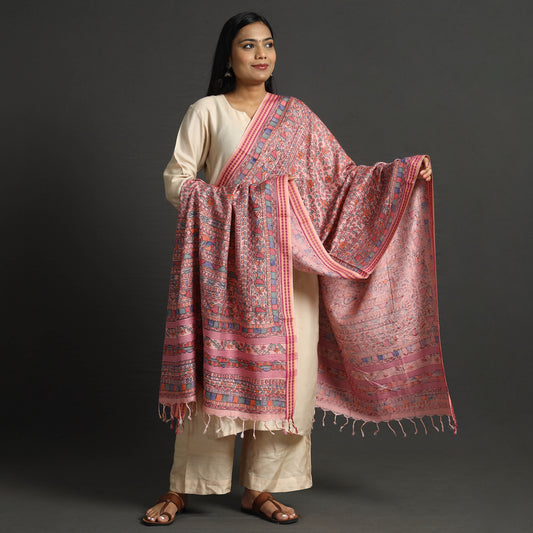Pink - Traditional Madhubani Handpainted Tussar Silk Cotton Handloom Dupatta with Tassels 08