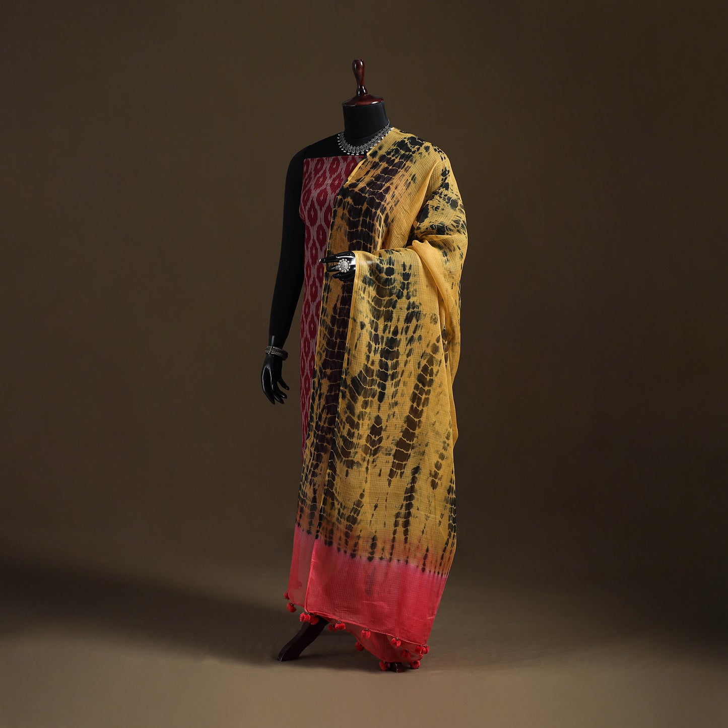 Yellow - Kota Doria Cotton Tie-Dye Shibori Dupatta with Tassels 12