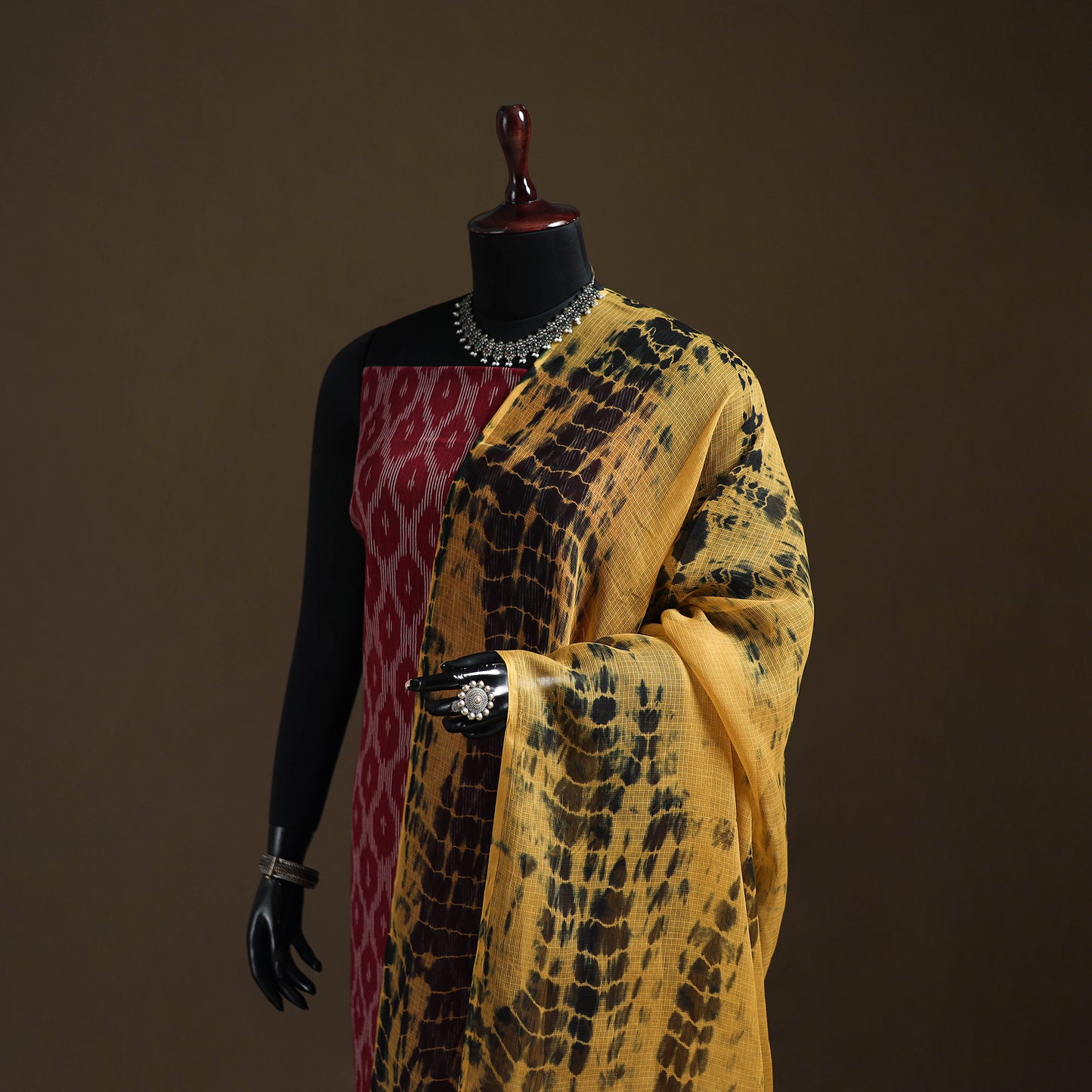 Yellow - Kota Doria Cotton Tie-Dye Shibori Dupatta with Tassels 12