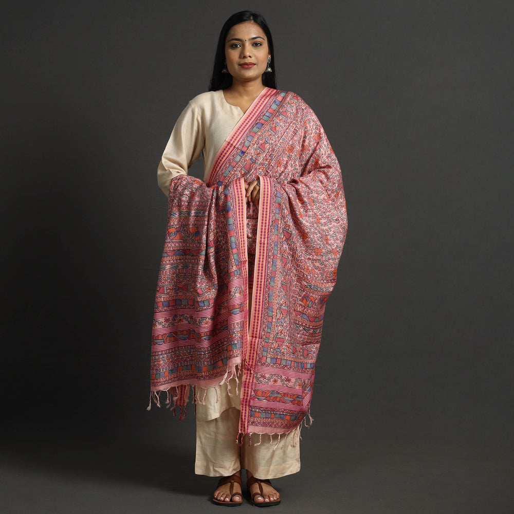 Pink - Traditional Madhubani Handpainted Tussar Silk Cotton Handloom Dupatta with Tassels 08