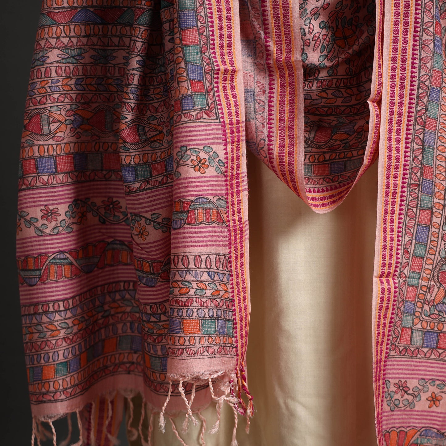 Pink - Traditional Madhubani Handpainted Tussar Silk Cotton Handloom Dupatta with Tassels 08