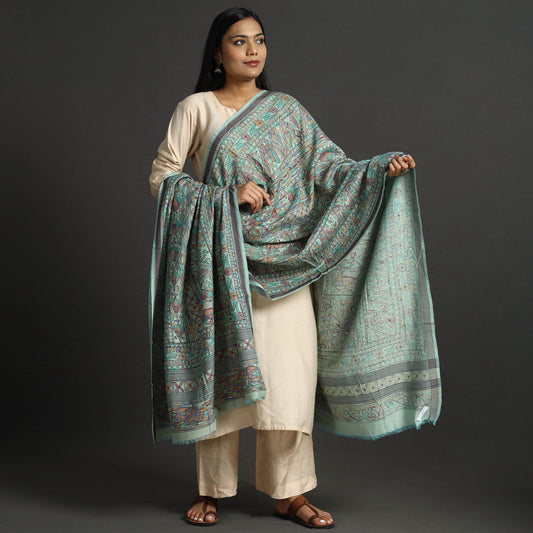 Green - Traditional Madhubani Handpainted Tussar Silk Cotton Handloom Dupatta 10
