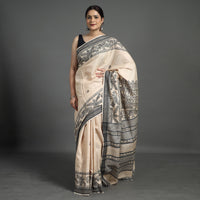 Beige - Traditional Madhubani Handpainted Tussar Silk cotton Saree 02