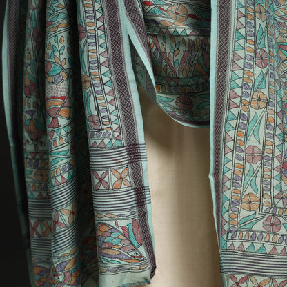 Green - Traditional Madhubani Handpainted Tussar Silk Cotton Handloom Dupatta 10