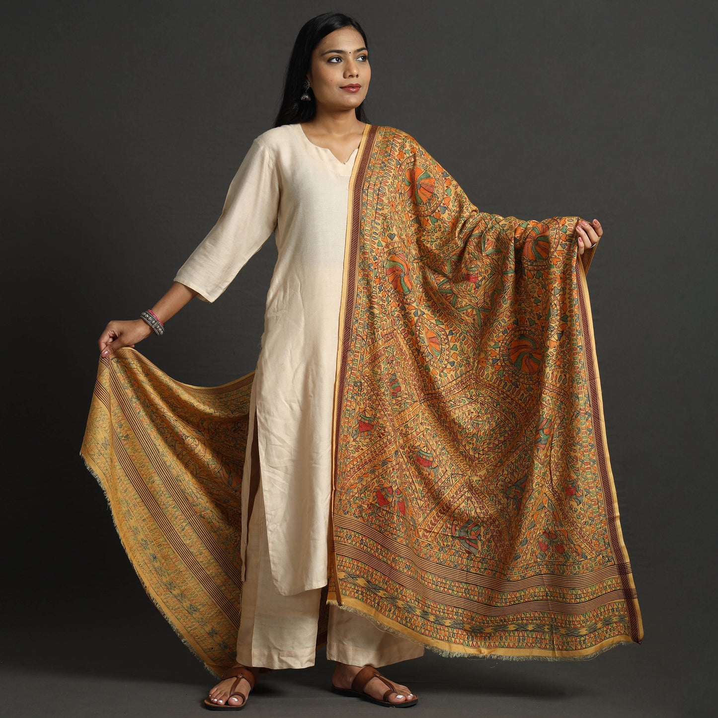 Brown - Traditional Madhubani Handpainted Tussar Silk Cotton Handloom Dupatta 11