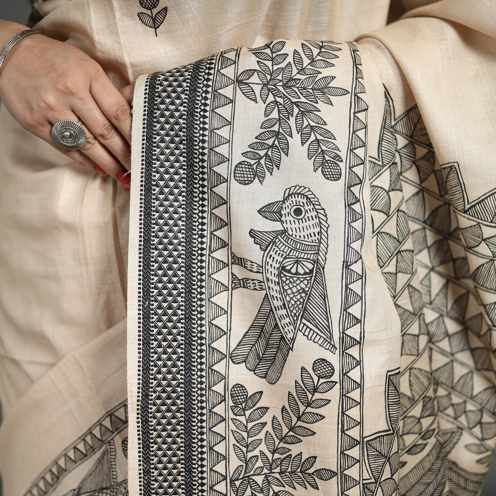 Beige - Traditional Madhubani Handpainted Tussar Silk cotton Saree 02