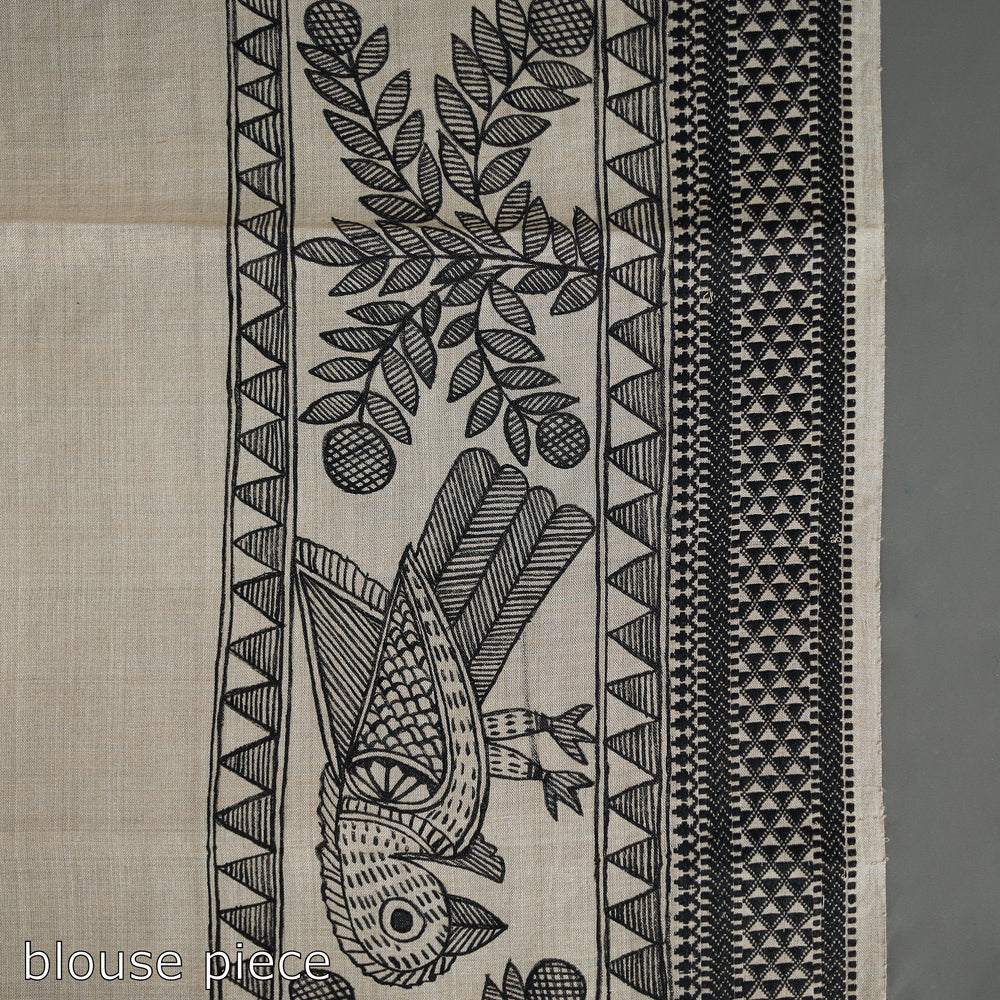 Beige - Traditional Madhubani Handpainted Tussar Silk cotton Saree 02