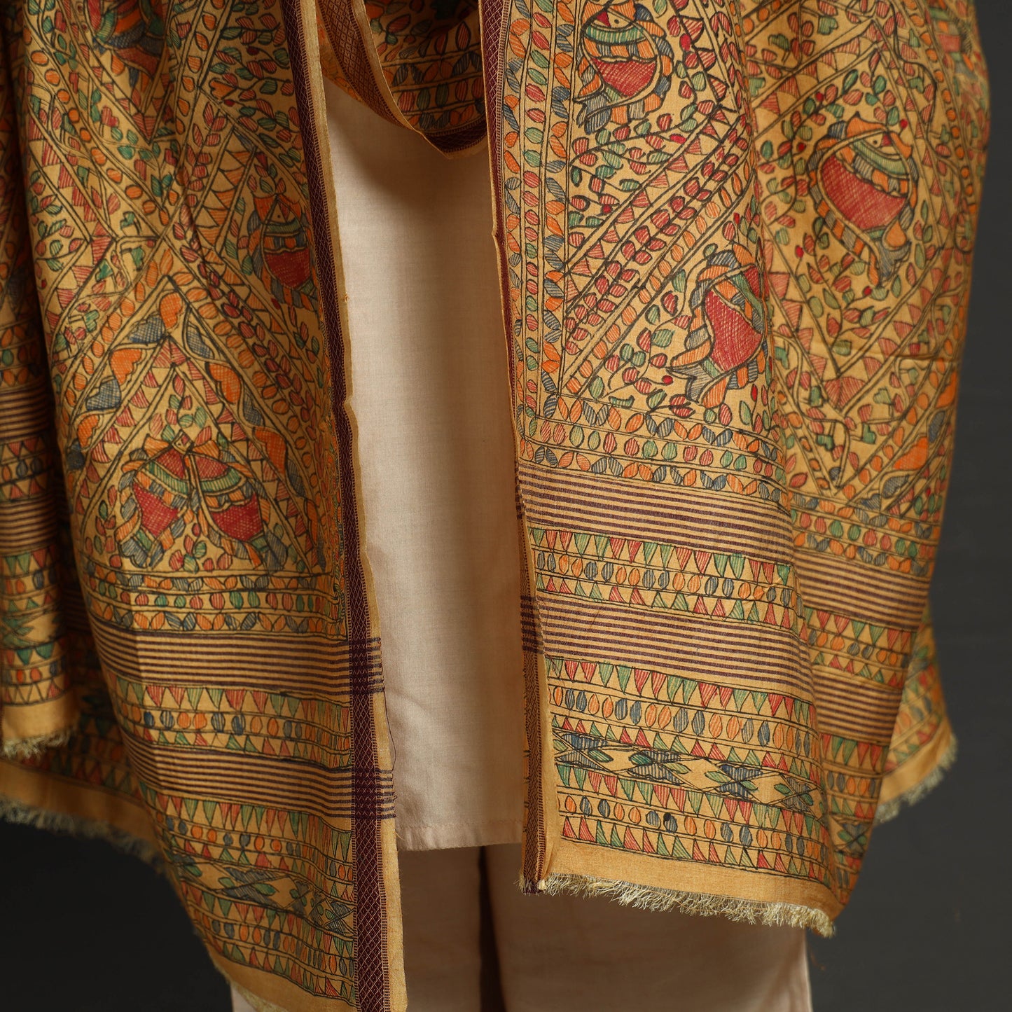 Brown - Traditional Madhubani Handpainted Tussar Silk Cotton Handloom Dupatta 11