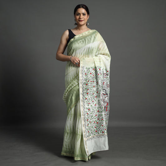Green - Traditional Madhubani Handpainted Chanderi Silk Saree 01