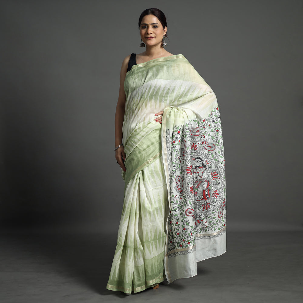 Green - Traditional Madhubani Handpainted Chanderi Silk Saree 01