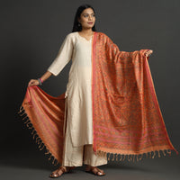 Orange - Traditional Madhubani Handpainted Tussar Silk Cotton Handloom Dupatta with Tassels 12