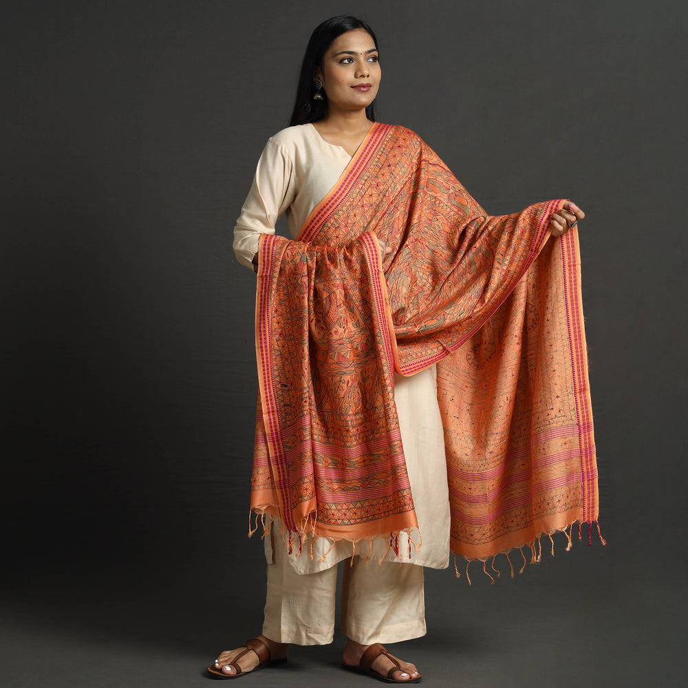 Orange - Traditional Madhubani Handpainted Tussar Silk Cotton Handloom Dupatta with Tassels 12