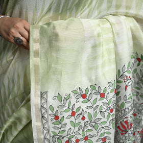Green - Traditional Madhubani Handpainted Chanderi Silk Saree 01
