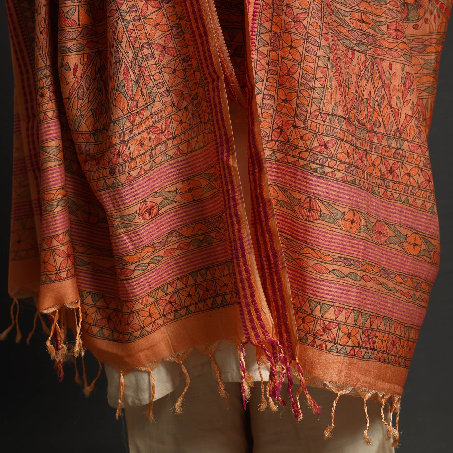 Orange - Traditional Madhubani Handpainted Tussar Silk Cotton Handloom Dupatta with Tassels 12