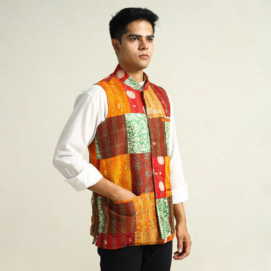 Multicolor - Kantha Embroidery Patchwork Silk Nehru Jacket 14