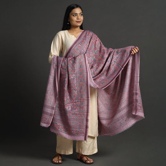 Purple - Traditional Madhubani Handpainted Tussar Silk Cotton Handloom Dupatta 13