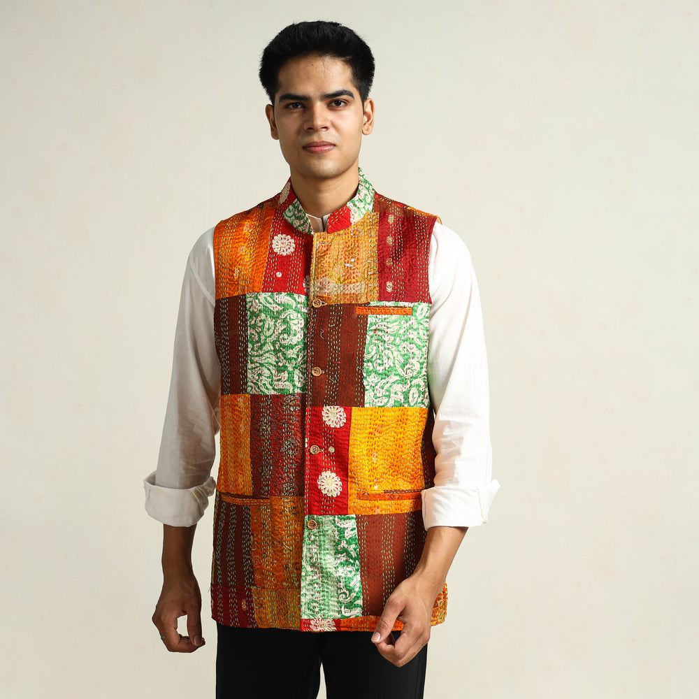 Multicolor - Kantha Embroidery Patchwork Silk Nehru Jacket 14