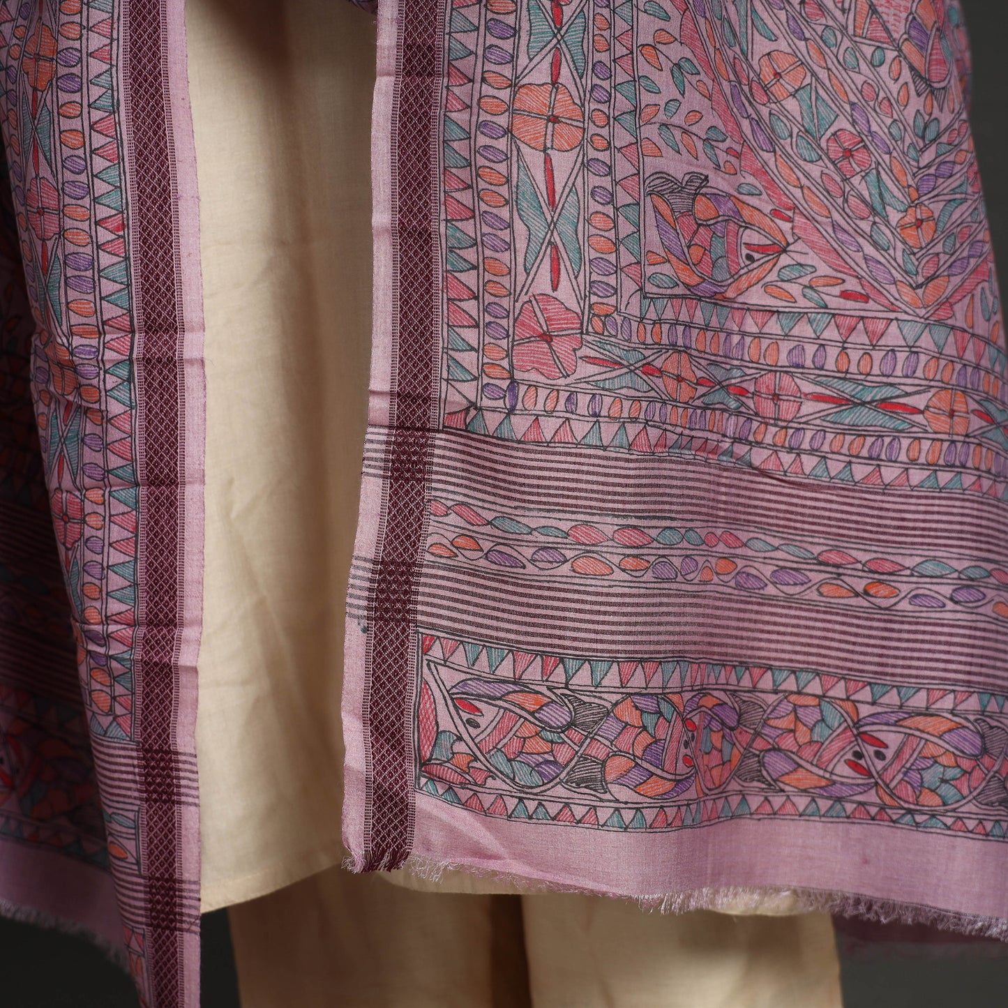 Purple - Traditional Madhubani Handpainted Tussar Silk Cotton Handloom Dupatta 13