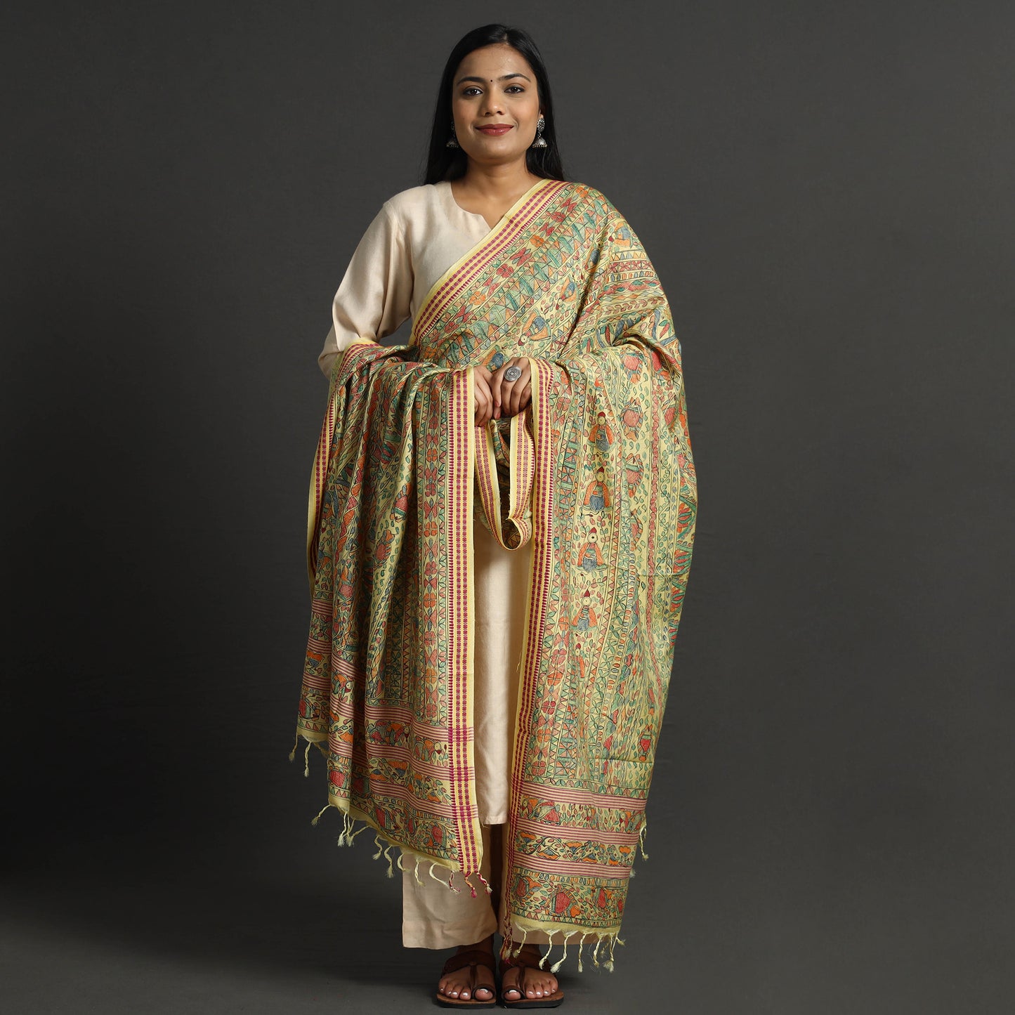 Yellow - Traditional Madhubani Handpainted Tussar Silk Cotton Handloom Dupatta with Tassels 14