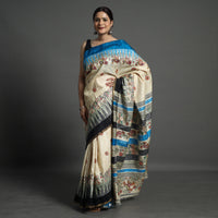 Beige - Traditional Madhubani Handpainted Tussar Silk Saree 04