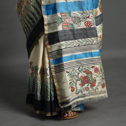 Beige - Traditional Madhubani Handpainted Tussar Silk Saree 04