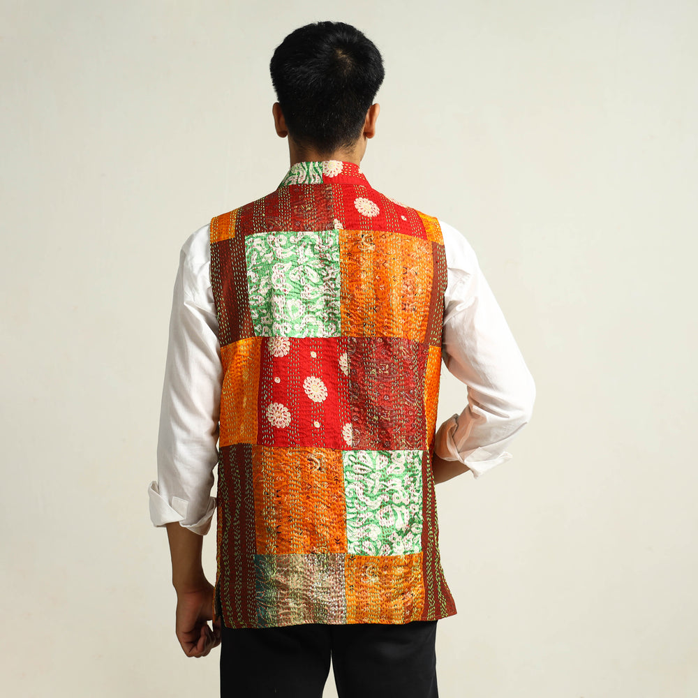 Multicolor - Kantha Embroidery Patchwork Silk Nehru Jacket 14