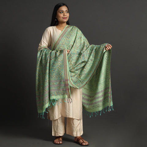 Green - Traditional Madhubani Handpainted Tussar Silk Cotton Handloom Dupatta with Tassels 15