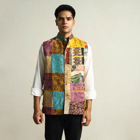 Multicolor Kantha Embroidery Silk Patchwork Nehru Jacket 