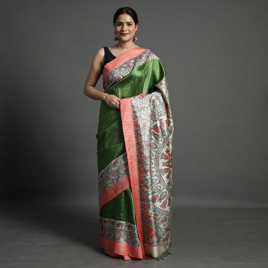 Green - Traditional Madhubani Handpainted Tussar Silk Saree 05