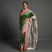 Green - Traditional Madhubani Handpainted Tussar Silk Saree 05