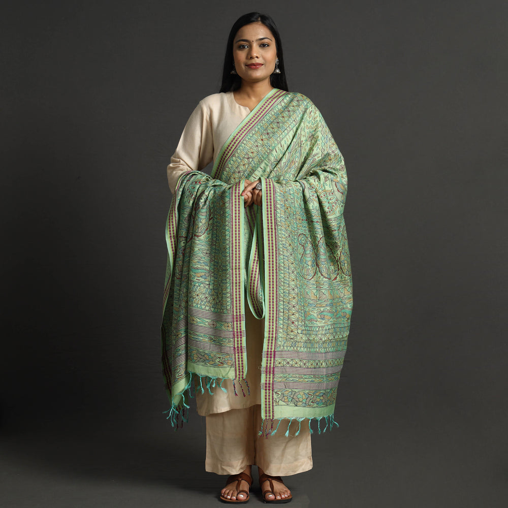 Green - Traditional Madhubani Handpainted Tussar Silk Cotton Handloom Dupatta with Tassels 15