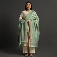 Green - Traditional Madhubani Handpainted Tussar Silk Cotton Handloom Dupatta with Tassels 15