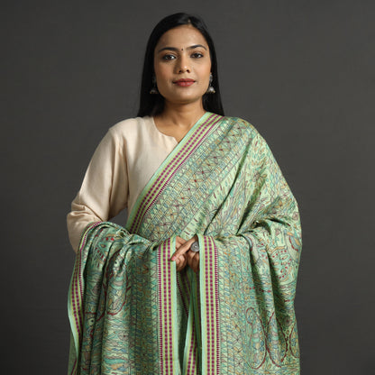 Green - Traditional Madhubani Handpainted Tussar Silk Cotton Handloom Dupatta with Tassels 15