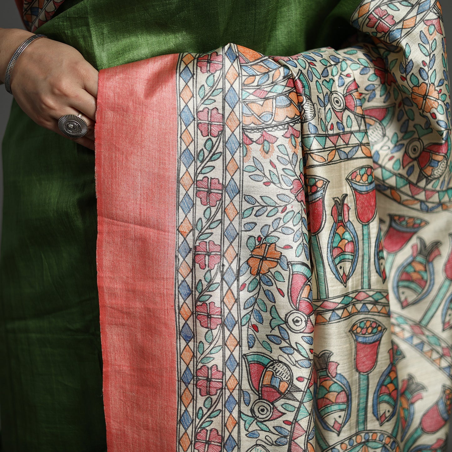 Green - Traditional Madhubani Handpainted Tussar Silk Saree 05