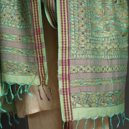 Green - Traditional Madhubani Handpainted Tussar Silk Cotton Handloom Dupatta with Tassels 15