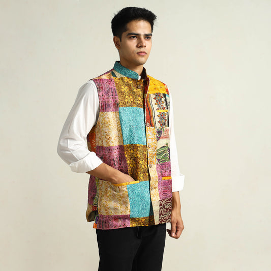 Multicolor - Kantha Embroidery Patchwork Silk Nehru Jacket 02