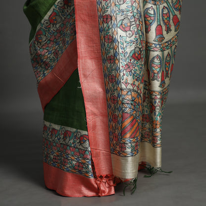 Green - Traditional Madhubani Handpainted Tussar Silk Saree 05