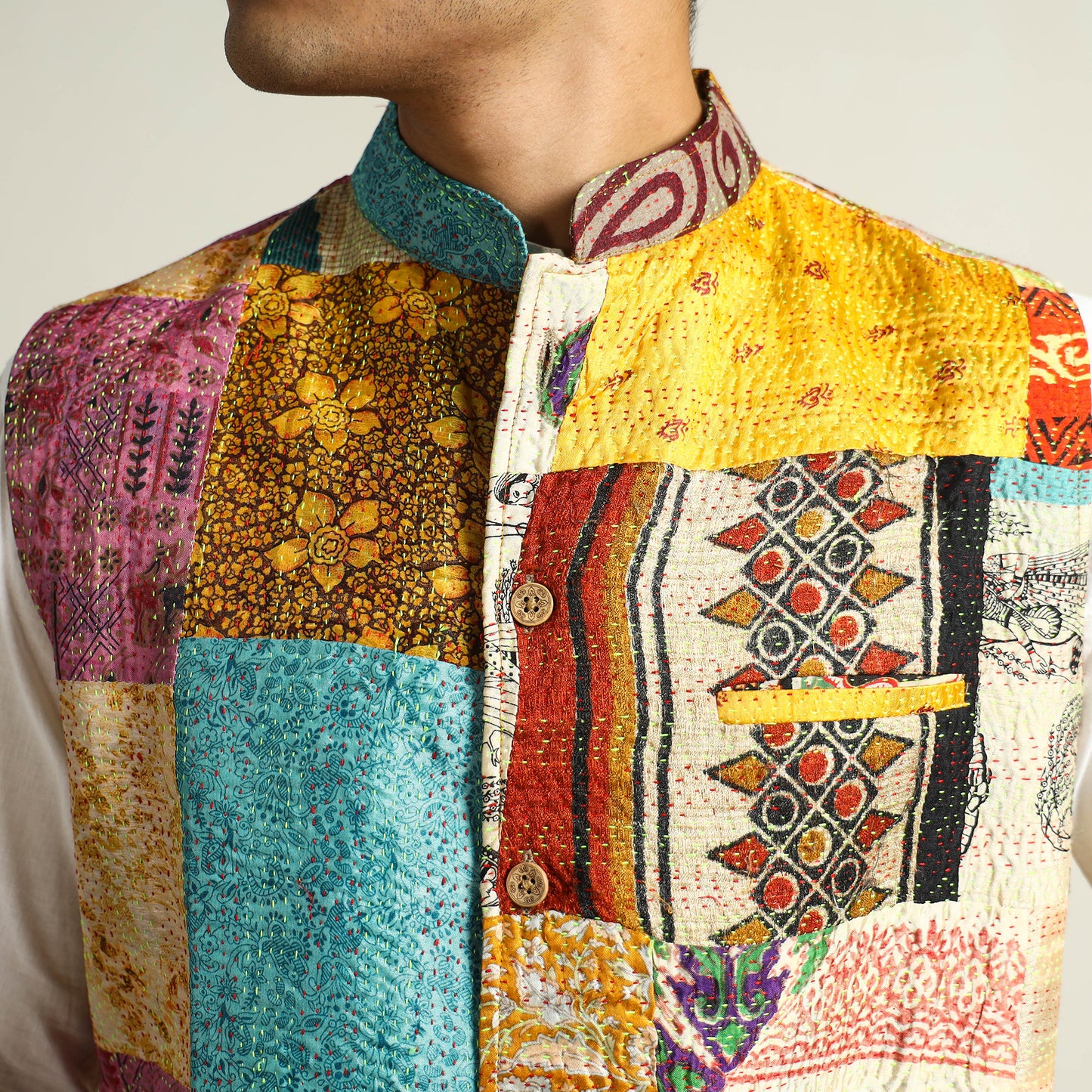 Multicolor - Kantha Embroidery Patchwork Silk Nehru Jacket 02