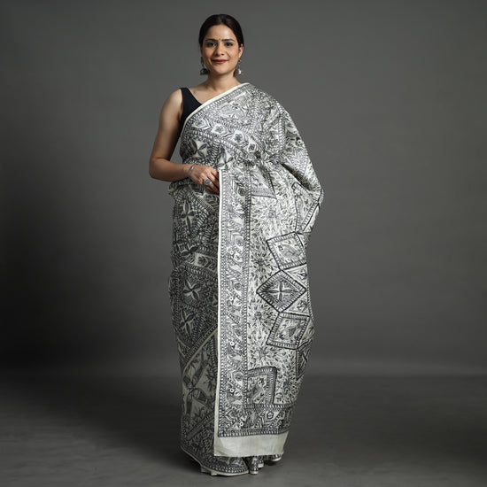 Grey - Traditional Madhubani Handpainted Tussar Silk Saree 06