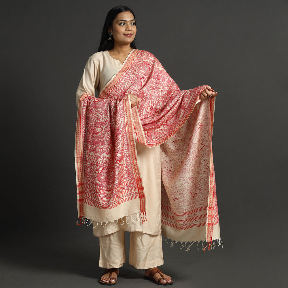 Pink - Traditional Madhubani Handpainted Silk Handloom Dupatta with Tassels 16