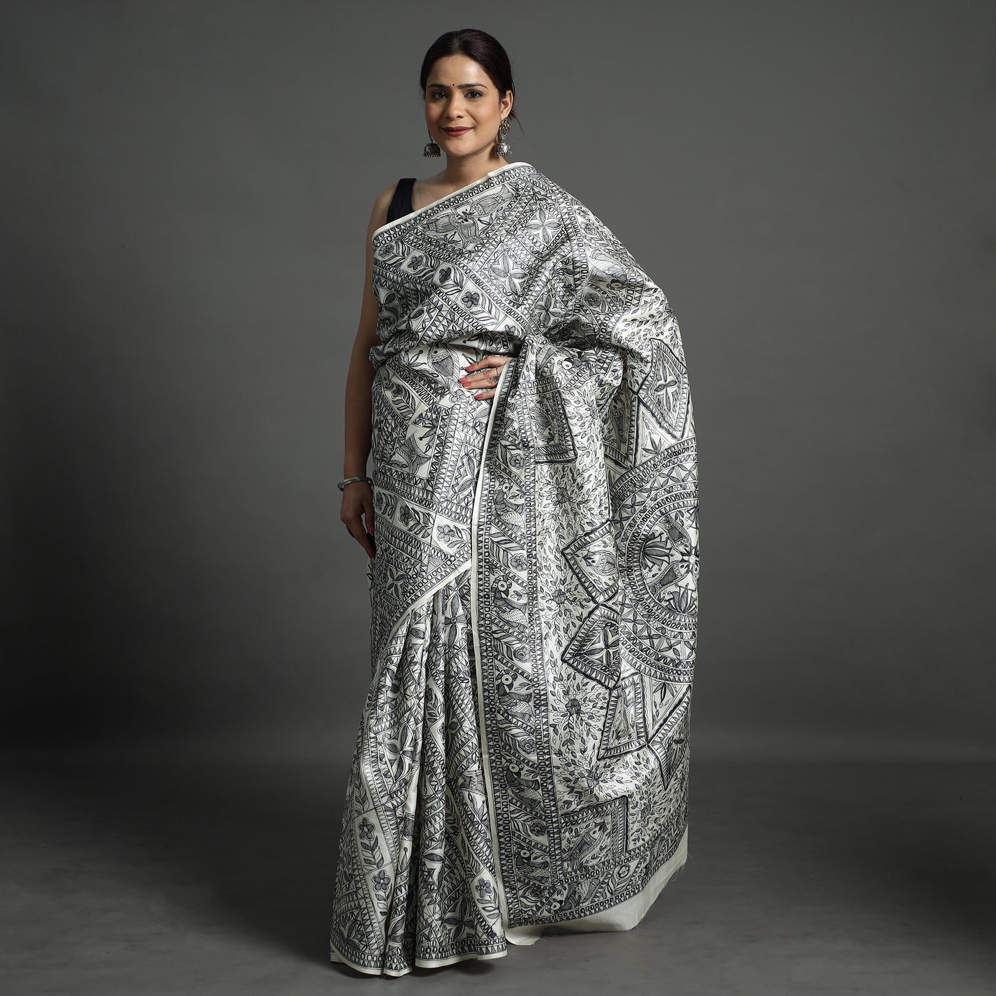 Grey - Traditional Madhubani Handpainted Tussar Silk Saree 06