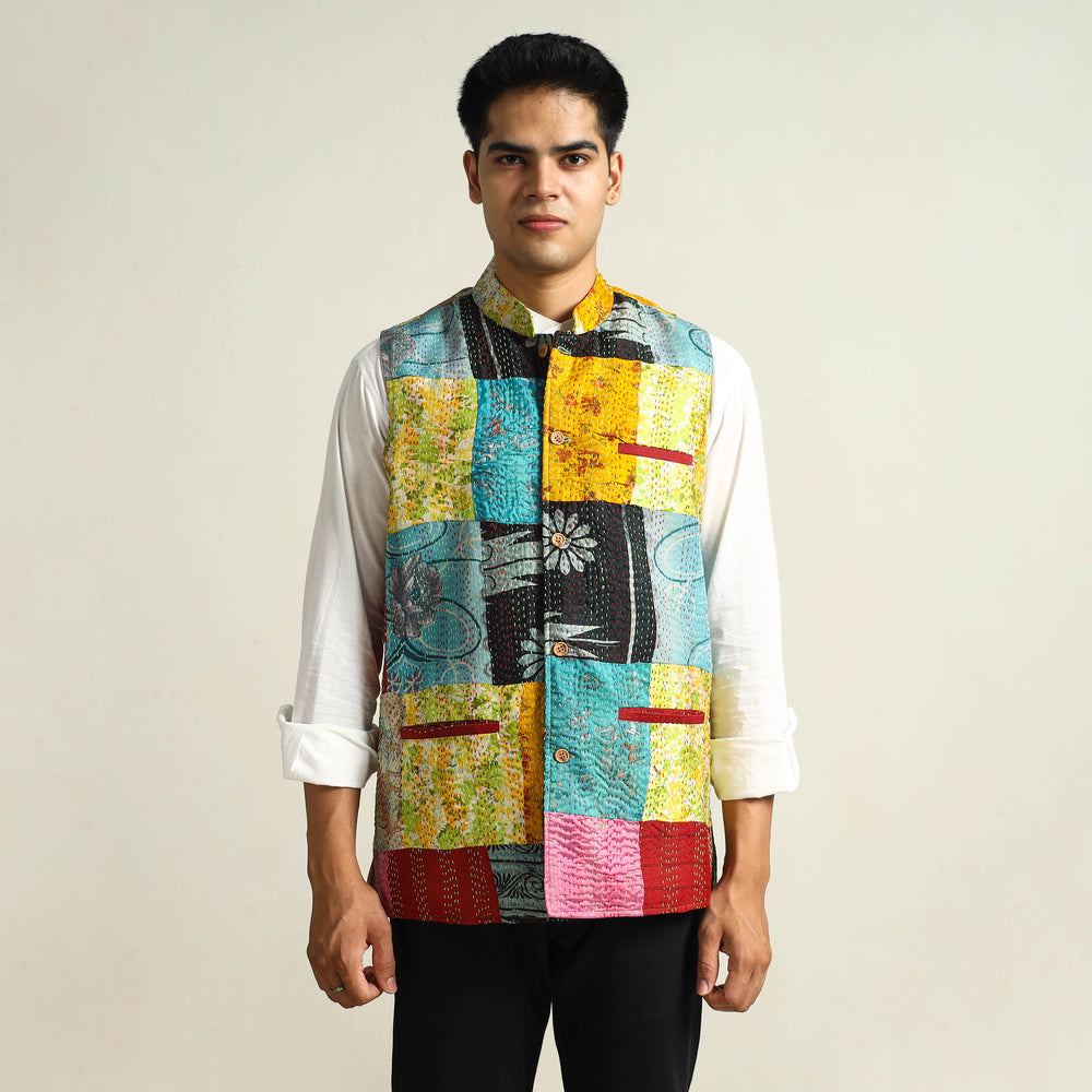 Multicolor - Kantha Embroidery Patchwork Silk Nehru Jacket 13