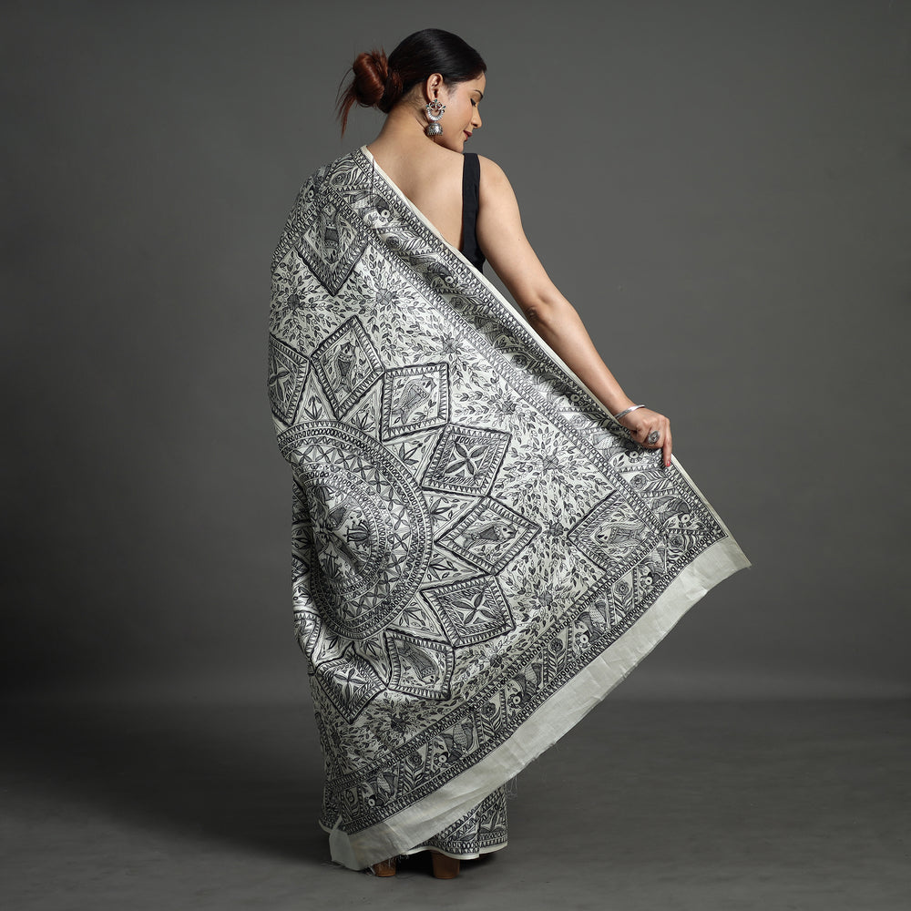 Grey - Traditional Madhubani Handpainted Tussar Silk Saree 06