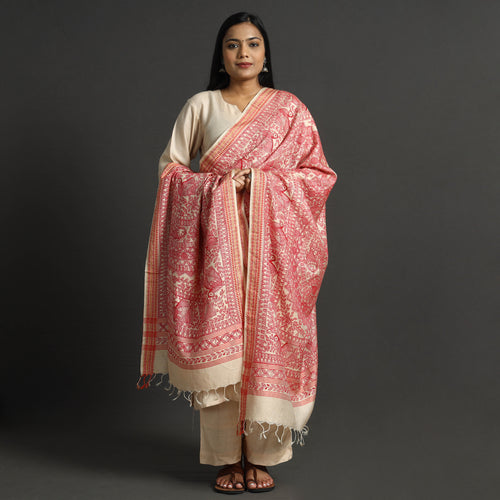 Pink - Traditional Madhubani Handpainted Silk Handloom Dupatta with Tassels 16