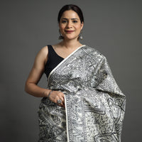 Grey - Traditional Madhubani Handpainted Tussar Silk Saree 06