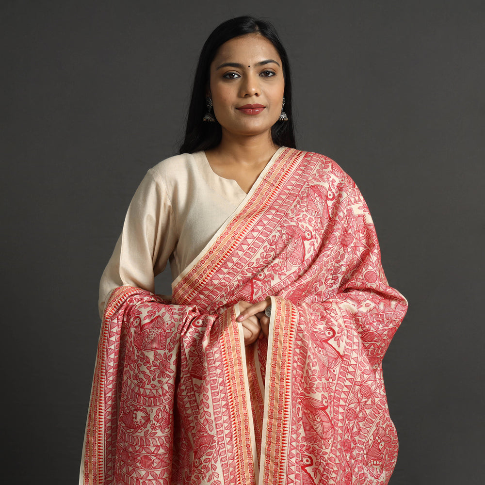 Pink - Traditional Madhubani Handpainted Silk Handloom Dupatta with Tassels 16